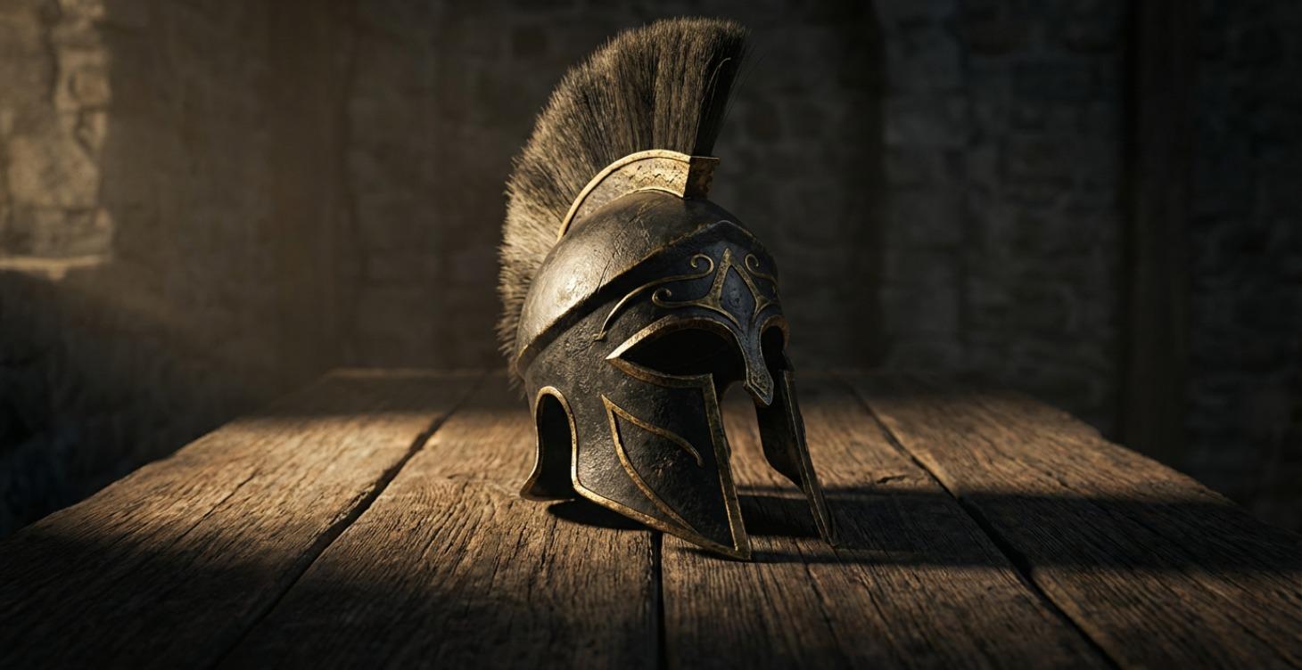 Portada del módulo Juego Interno: casco espartano sobre una mesa