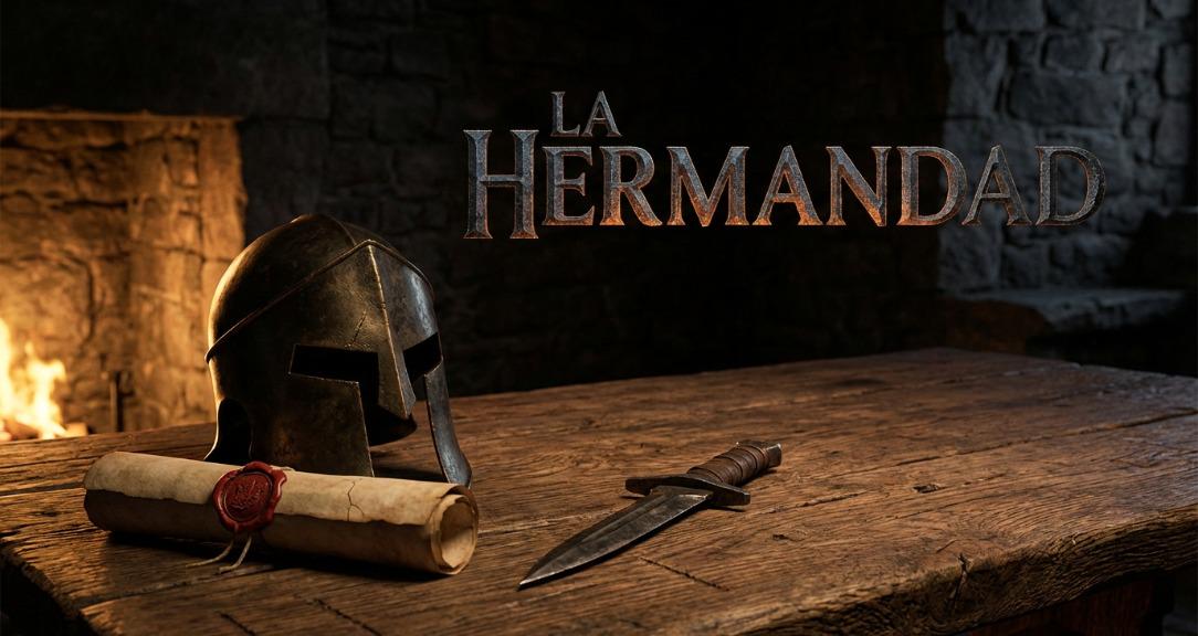 La Hermandad: casco espartano, pergamino y daga sobre una mesa junto al fuego
